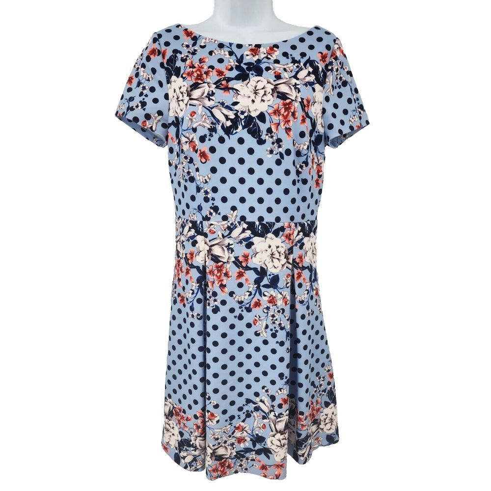 Eliza J Dress Womens 10 Fit Flare Circle Short Sleeve‎ Blue Floral Polka dot